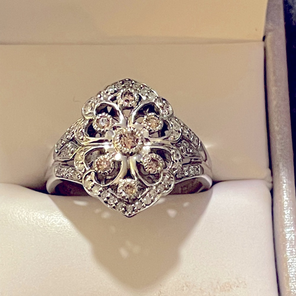 Genuine champagne and white diamond ring